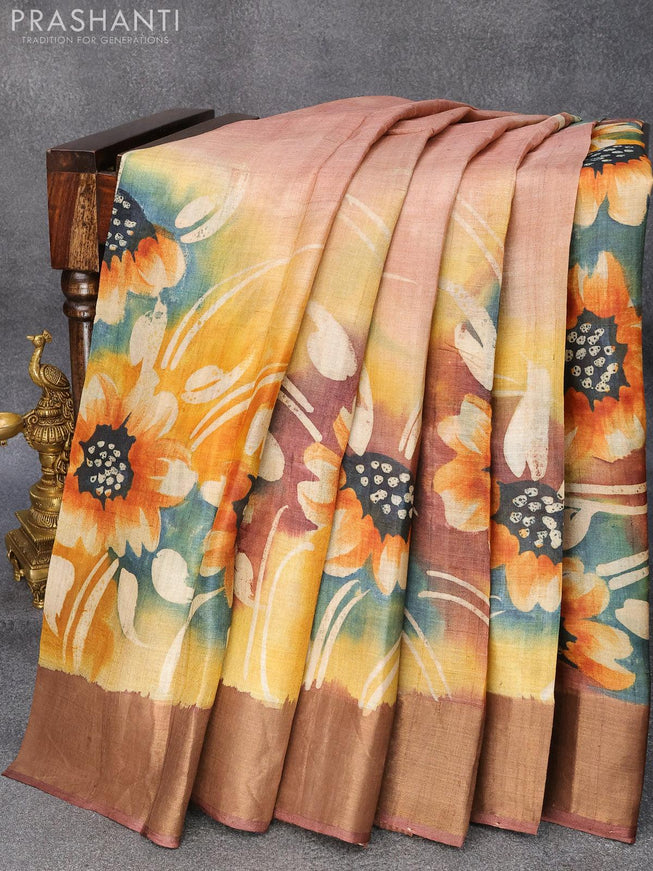 Pure tussar silk saree pastel brown and brown with hand painted floral prints and zari woven border - {{ collection.title }} by Prashanti Sarees