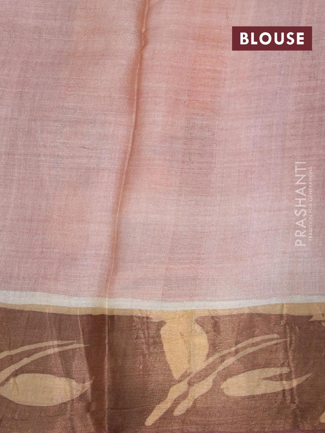 Pure tussar silk saree pastel brown and brown with hand painted floral prints and zari woven border - {{ collection.title }} by Prashanti Sarees