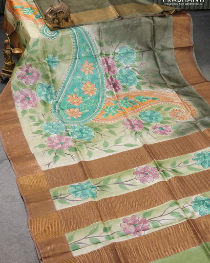 Pure tussar silk saree pastel green and brown shade with hand painted floral prints and zari woven border - {{ collection.title }} by Prashanti Sarees