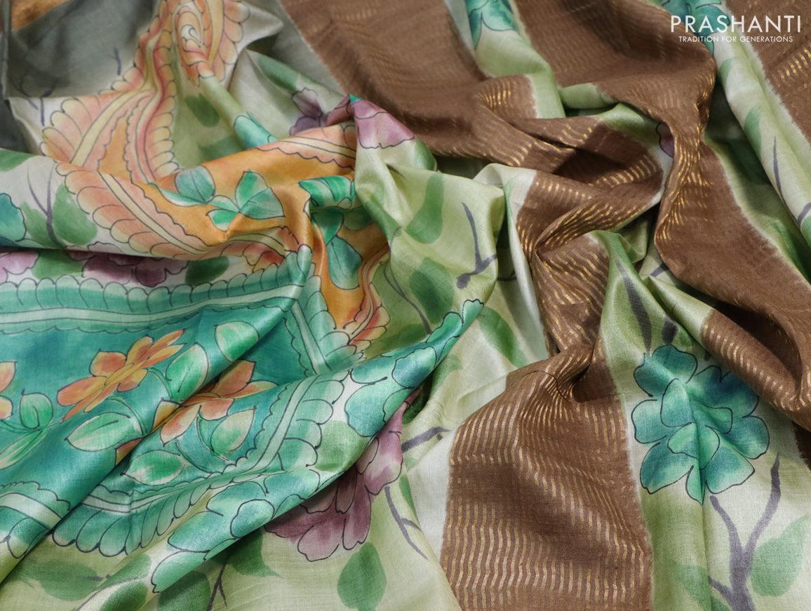 Pure tussar silk saree pastel green and brown shade with hand painted floral prints and zari woven border - {{ collection.title }} by Prashanti Sarees