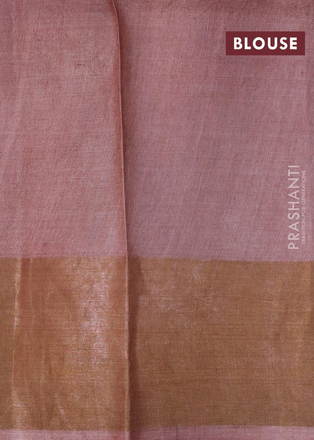 Pure tussar silk saree pastel green and brown shade with hand painted kalamkari prints and zari woven border - {{ collection.title }} by Prashanti Sarees