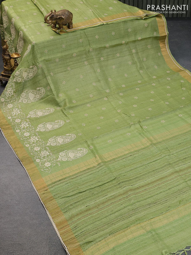 Pure tussar silk saree pastel green shade with allover floral lucknowi butta work and zari woven border - {{ collection.title }} by Prashanti Sarees