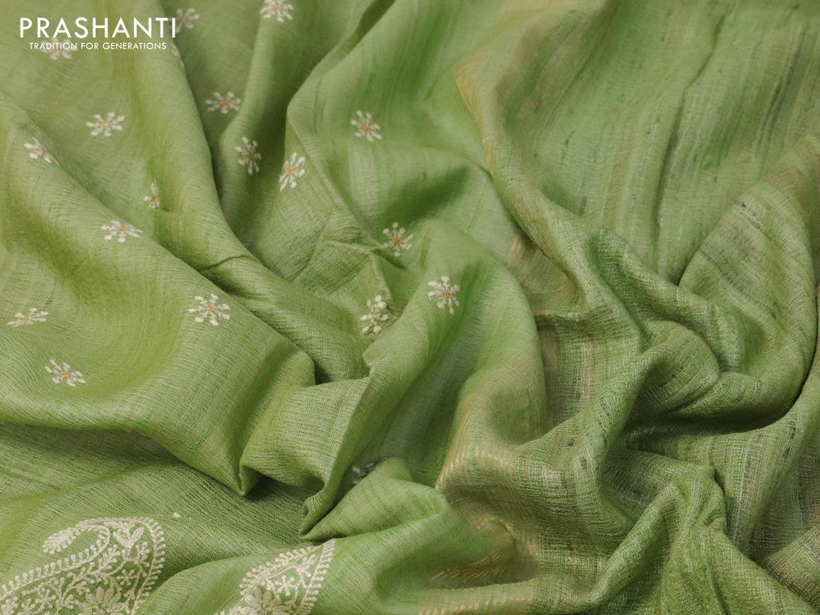 Pure tussar silk saree pastel green shade with allover floral lucknowi butta work and zari woven border - {{ collection.title }} by Prashanti Sarees