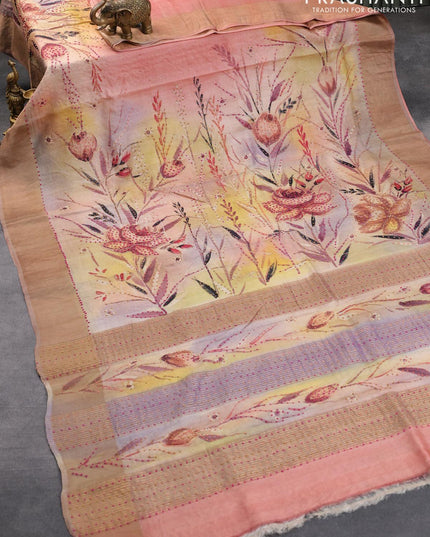 Pure tussar silk saree pastel pink and pastel brown with floral prints & french knot work and zari woven border - {{ collection.title }} by Prashanti Sarees