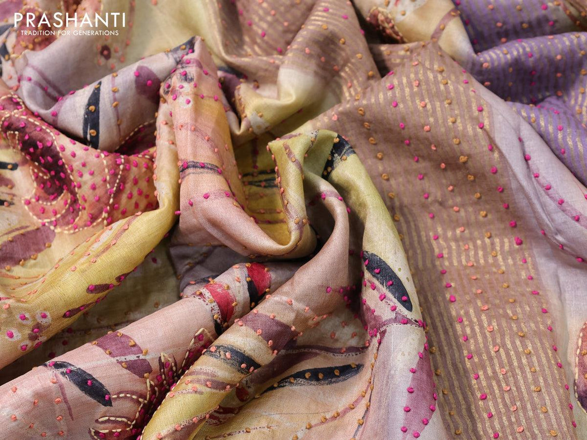 Pure tussar silk saree pastel pink and pastel brown with floral prints & french knot work and zari woven border - {{ collection.title }} by Prashanti Sarees