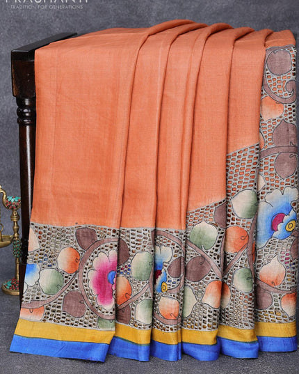 Pure tussar silk saree peach orange and blue with allover kalamkari prints and cut work - {{ collection.title }} by Prashanti Sarees