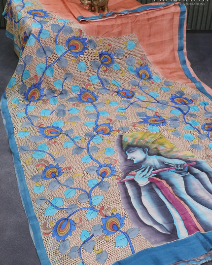 Pure tussar silk saree peach orange and blue with allover kalamkari prints and cut work - {{ collection.title }} by Prashanti Sarees