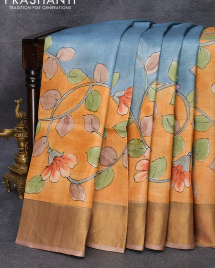 Pure tussar silk saree peach orange and brown shade with hand painted kalamkari prints and zari woven border - {{ collection.title }} by Prashanti Sarees