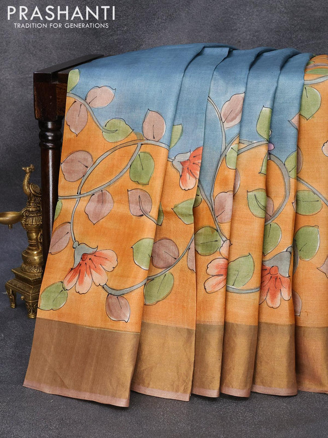 Pure tussar silk saree peach orange and brown shade with hand painted kalamkari prints and zari woven border - {{ collection.title }} by Prashanti Sarees