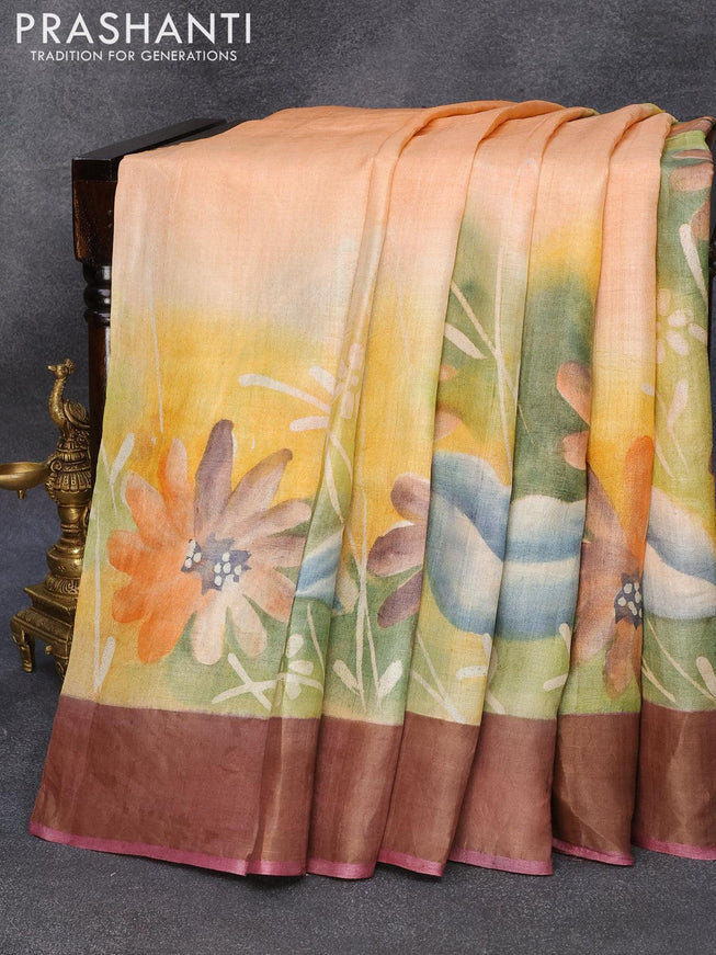 Pure tussar silk saree peach orange and magenta pink with hand painted floral prints and zari woven border - {{ collection.title }} by Prashanti Sarees