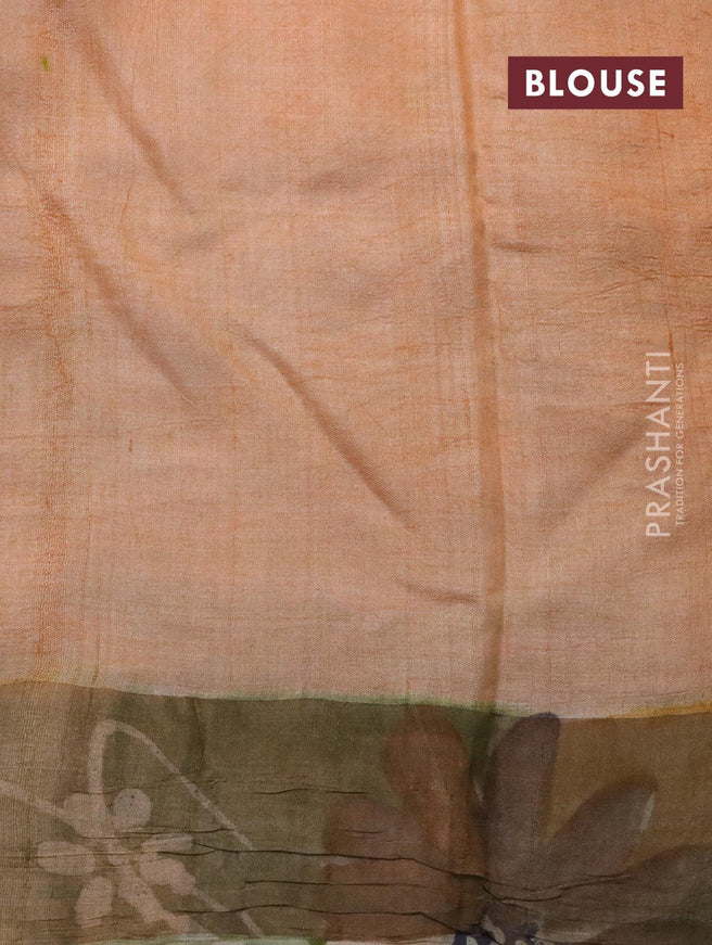 Pure tussar silk saree peach orange and magenta pink with hand painted floral prints and zari woven border - {{ collection.title }} by Prashanti Sarees