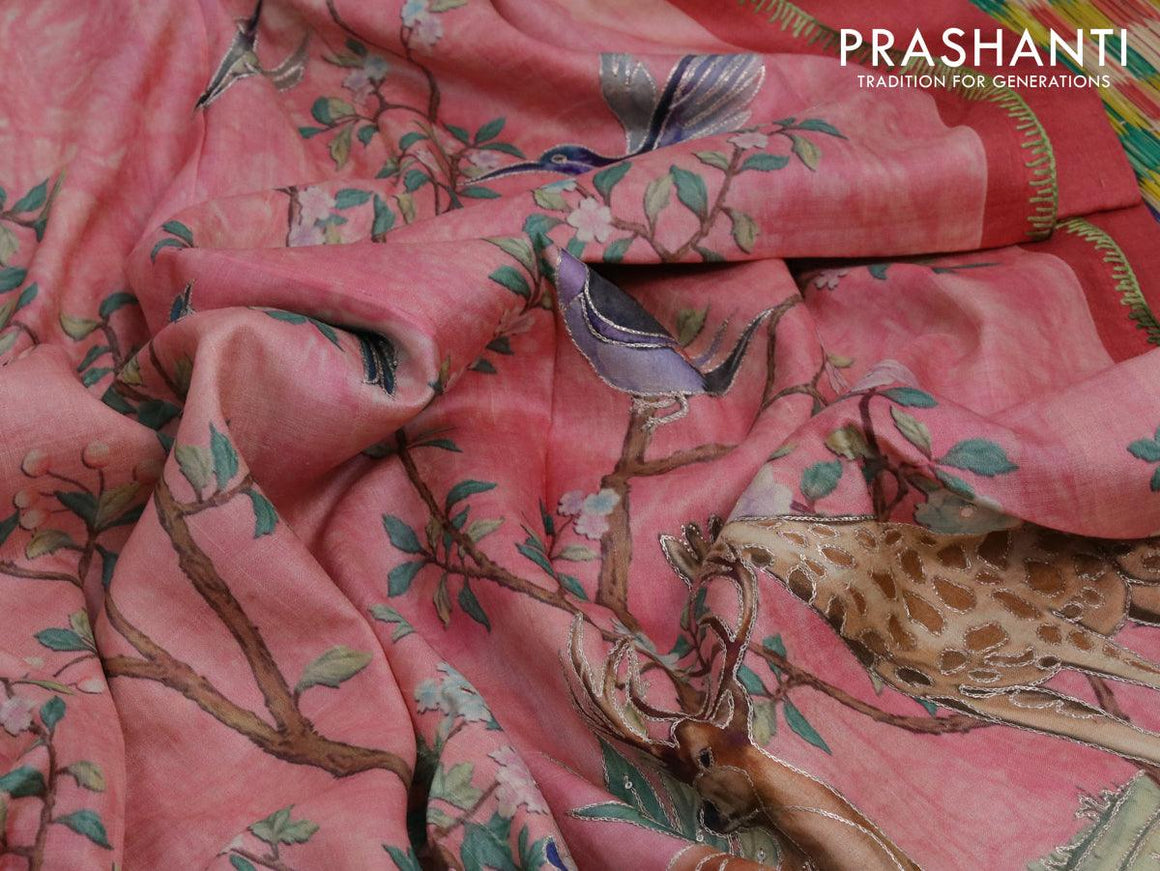 Pure tussar silk saree peach orange and red with allover digital prints and peacock design embroidery work border - {{ collection.title }} by Prashanti Sarees