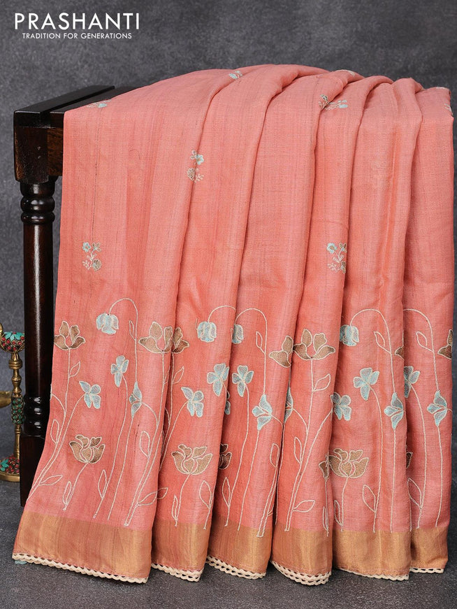 Pure tussar silk saree peach orange with allover floral lucknowi work and zari woven border - {{ collection.title }} by Prashanti Sarees