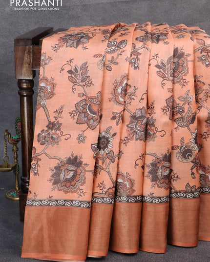 Pure tussar silk saree peach orange with allover prints and zari woven border - {{ collection.title }} by Prashanti Sarees