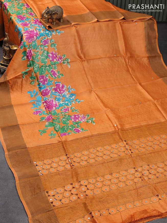 Pure tussar silk saree peach orange with floral prints & mirror work and cut work pallu - {{ collection.title }} by Prashanti Sarees