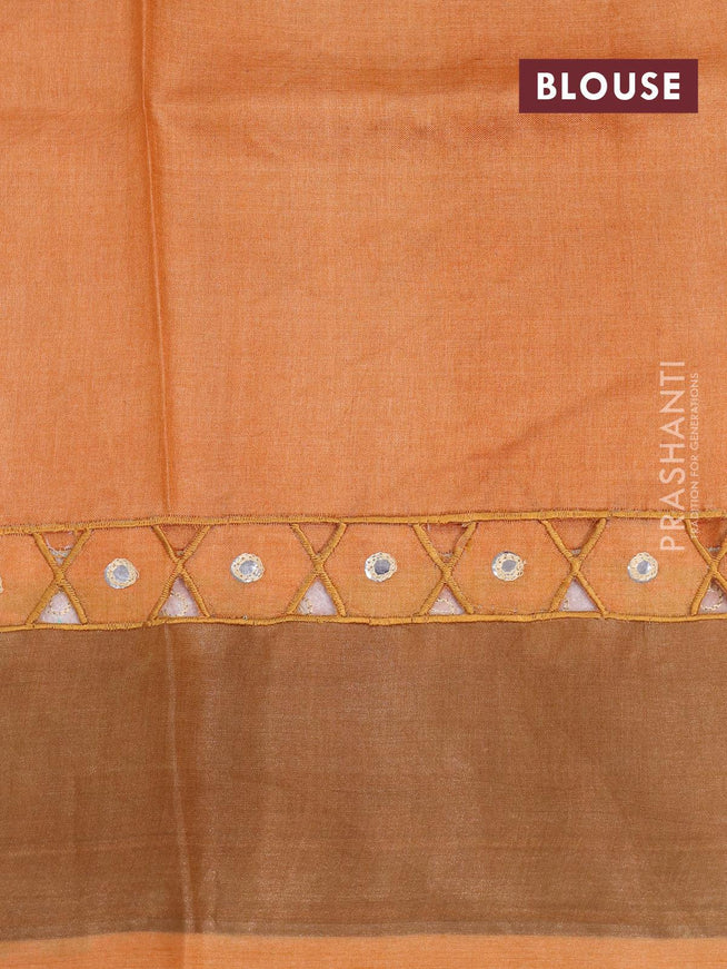 Pure tussar silk saree peach orange with floral prints & mirror work and cut work pallu - {{ collection.title }} by Prashanti Sarees