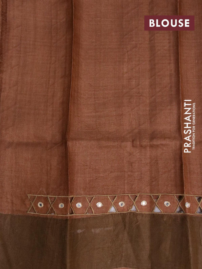 Pure tussar silk saree peach red and brown with allover floral prints & mirror work and cut work pallu - {{ collection.title }} by Prashanti Sarees