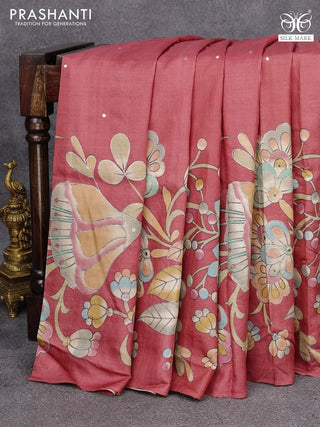 Pure tussar silk saree peach shade with allover mirror work & kalamkari prints in borderless style