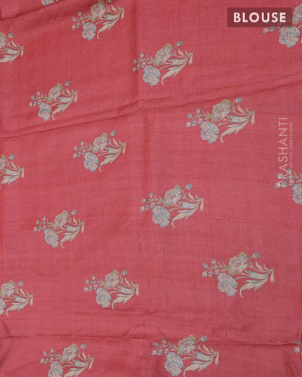 Pure tussar silk saree peach shade with allover mirror work & kalamkari prints in borderless style - {{ collection.title }} by Prashanti Sarees