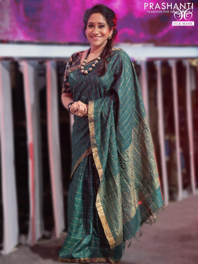 Dark Green Kalyani Cotton Saree with Zari Checked and Peacock Border and Blouse