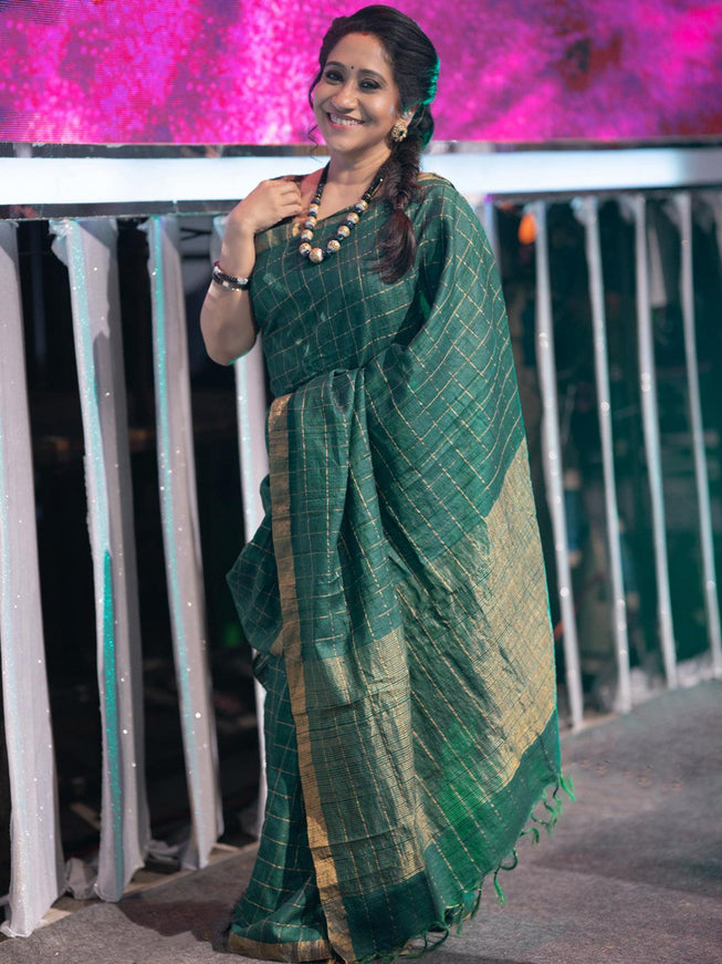 Pure tussar silk saree peacock green with allover zari checked pattern and zari woven border & penkalamkari readymade blouse - {{ collection.title }} by Prashanti Sarees