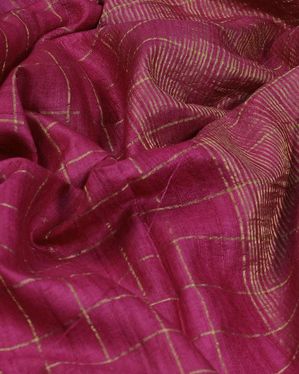 Pure tussar silk saree pink and teal green with allover zari checked pattern and zari woven border and kalamkari prints embroidery work blouse - {{ collection.title }} by Prashanti Sarees