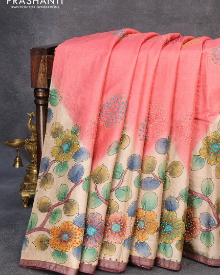 Pure tussar silk saree pink shade and cream wine shade with allover kalamkari prints & french knot work and simple border - {{ collection.title }} by Prashanti Sarees