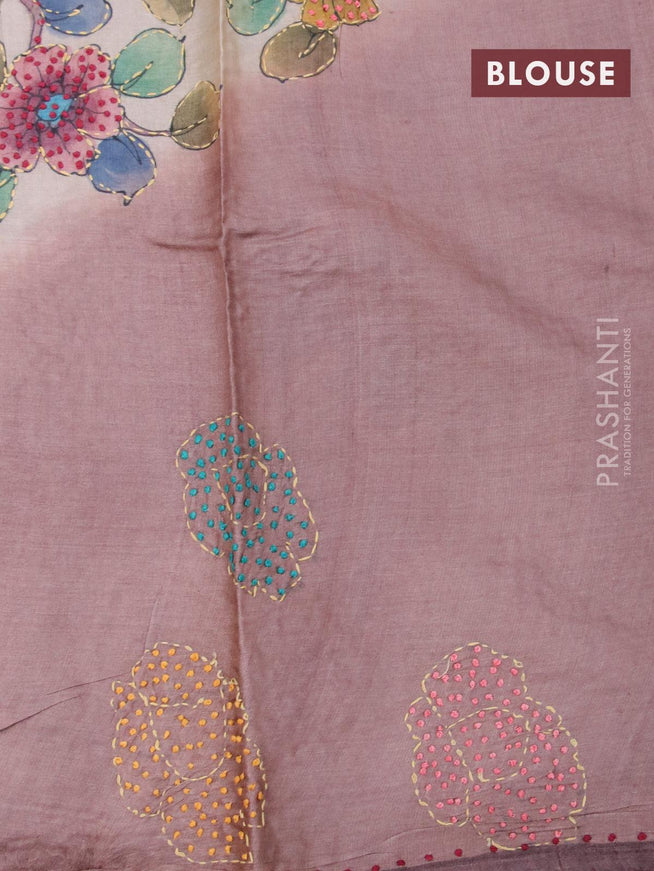 Pure tussar silk saree pink shade and cream wine shade with allover kalamkari prints & french knot work and simple border - {{ collection.title }} by Prashanti Sarees