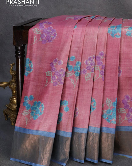 Pure tussar silk saree pink shade and cs blue with floral prints and zari woven border - {{ collection.title }} by Prashanti Sarees