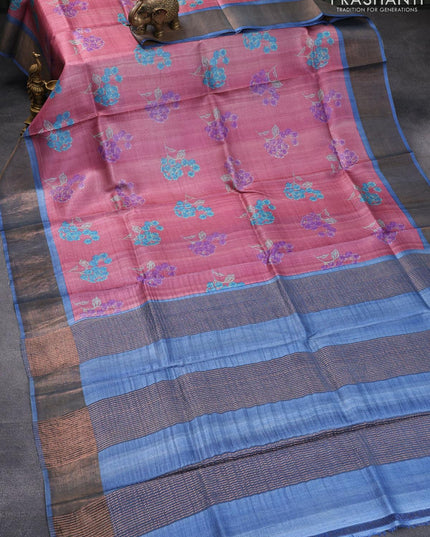 Pure tussar silk saree pink shade and cs blue with floral prints and zari woven border - {{ collection.title }} by Prashanti Sarees