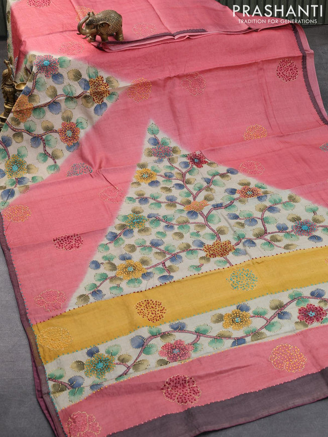 Pure tussar silk saree pink shade and wine shade with allover kalamkari prints & french knot work and zari woven border - {{ collection.title }} by Prashanti Sarees
