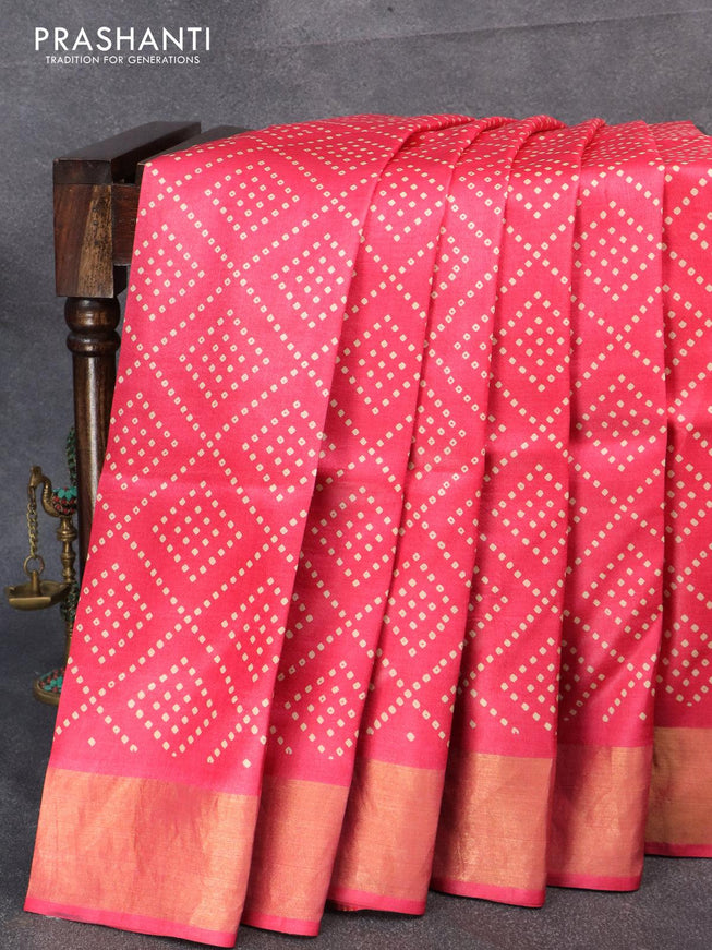 Pure tussar silk saree pink with allover bandhani prints and zari woven border - {{ collection.title }} by Prashanti Sarees