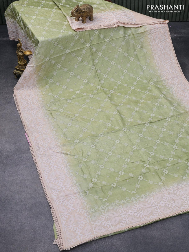 Pure tussar silk saree pista green and cream with allover embroidery work and embroidery work border - {{ collection.title }} by Prashanti Sarees