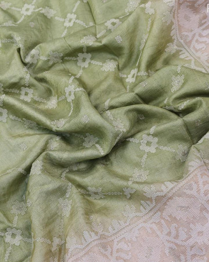 Pure tussar silk saree pista green and cream with allover embroidery work and embroidery work border - {{ collection.title }} by Prashanti Sarees