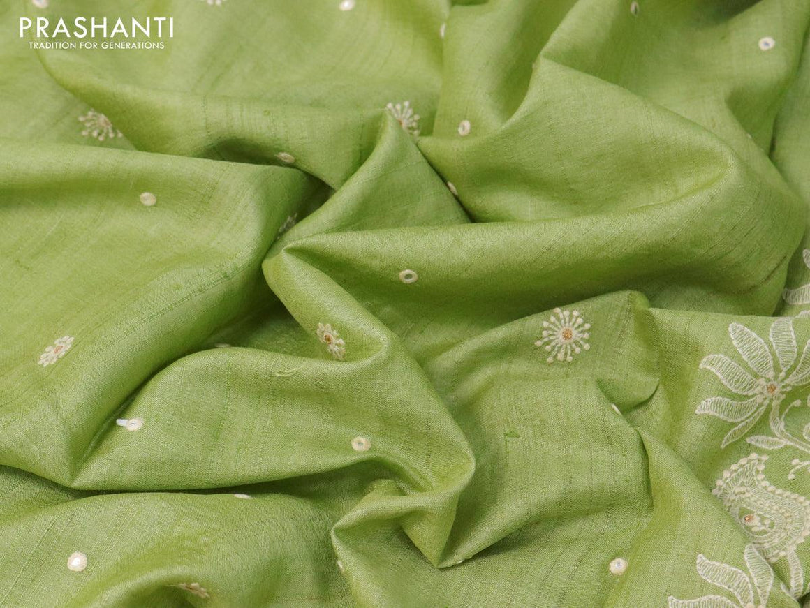 Pure tussar silk saree pista green with allover floral lucknowi work and crocia lace border - {{ collection.title }} by Prashanti Sarees
