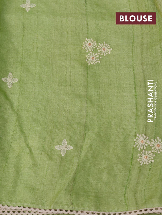 Pure tussar silk saree pista green with allover floral lucknowi work and crocia lace border - {{ collection.title }} by Prashanti Sarees