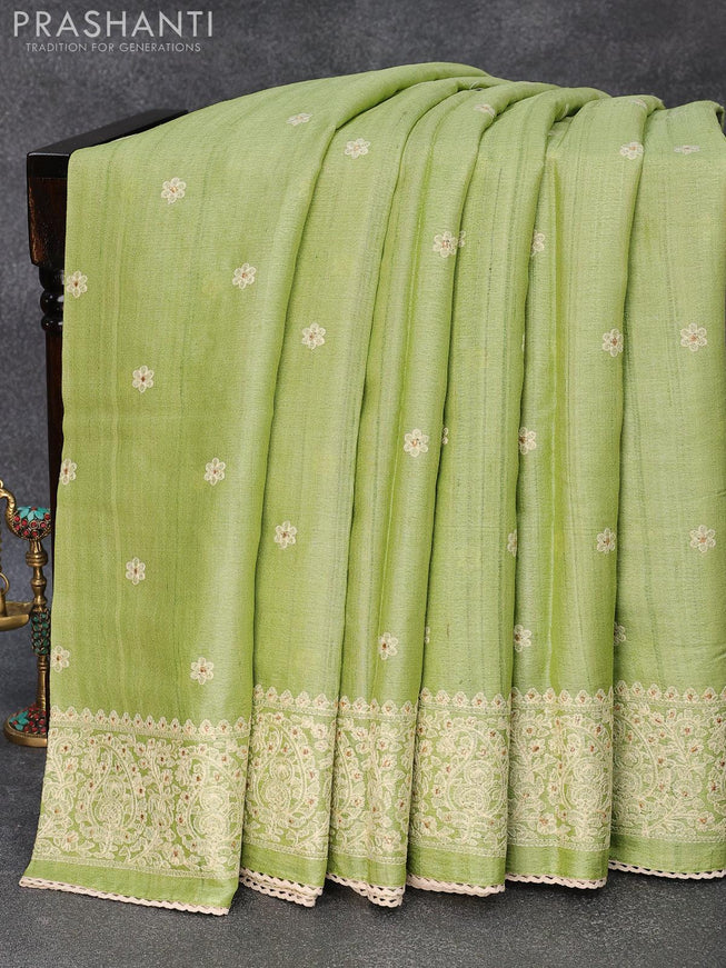 Pure tussar silk saree pista green with allover floral lucknowi work and embroidery work border - {{ collection.title }} by Prashanti Sarees