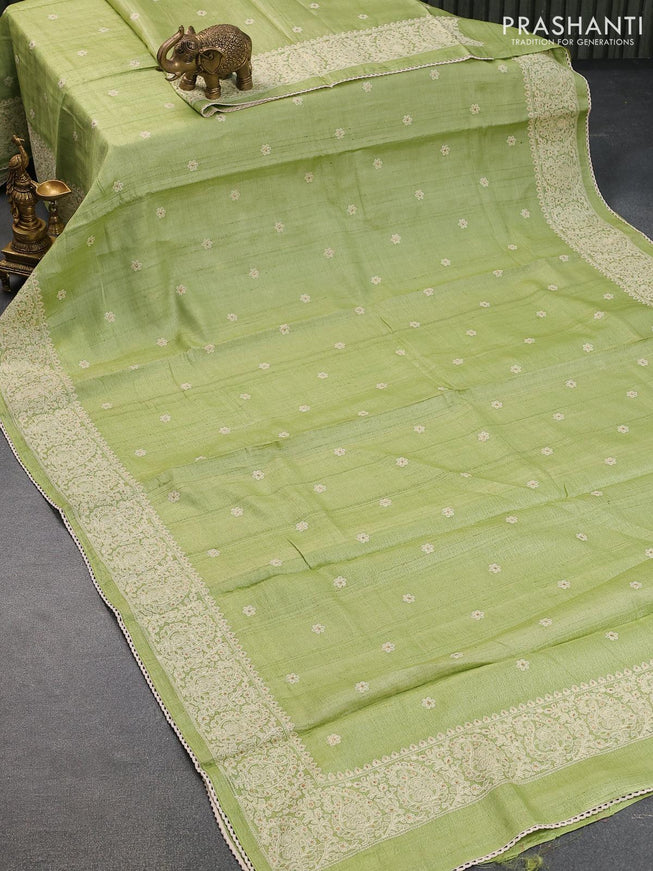 Pure tussar silk saree pista green with allover floral lucknowi work and embroidery work border - {{ collection.title }} by Prashanti Sarees