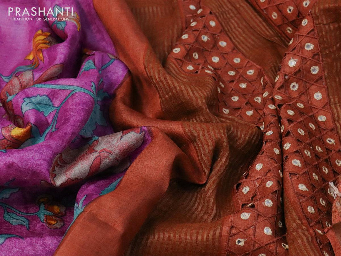 Pure tussar silk saree purple and brown with allover prints & mirror work and cut work pallu - {{ collection.title }} by Prashanti Sarees