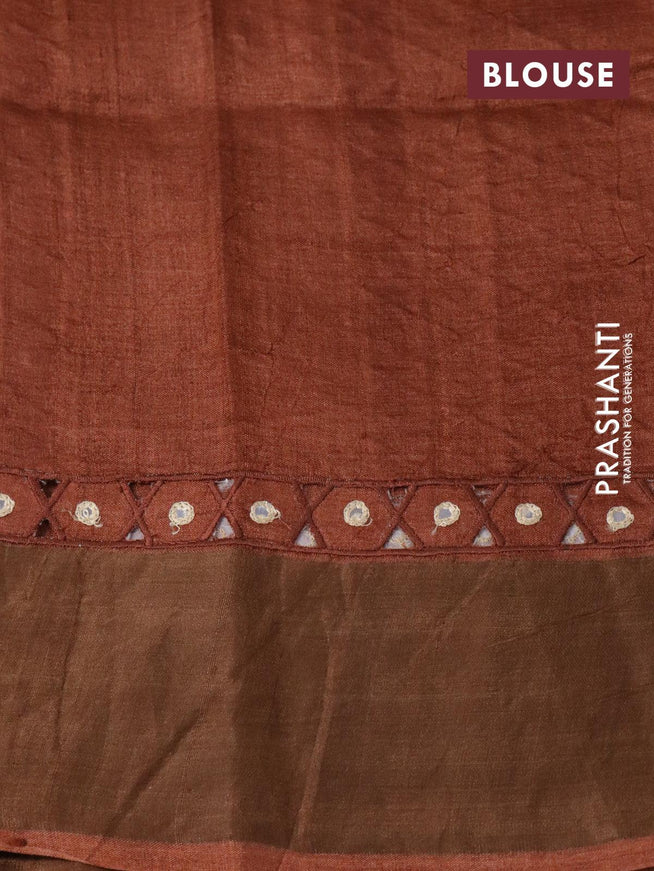 Pure tussar silk saree purple and brown with allover prints & mirror work and cut work pallu - {{ collection.title }} by Prashanti Sarees