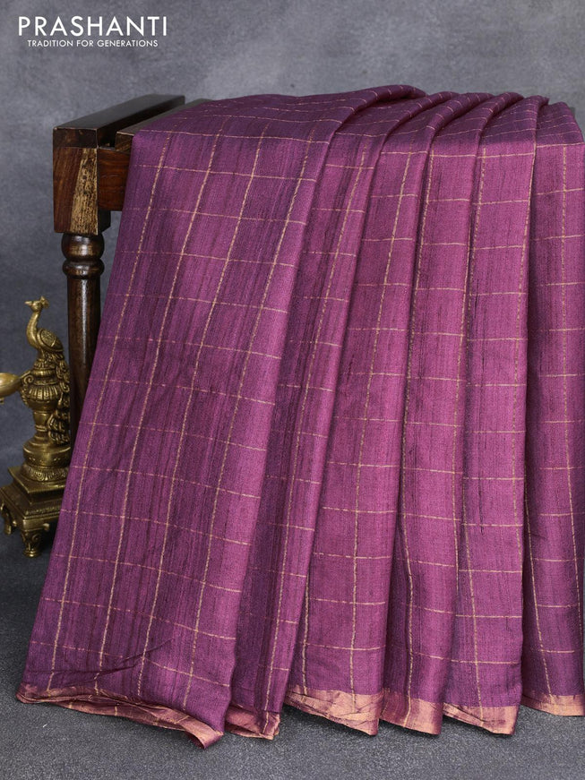 Pure tussar silk saree purple and green with allover zari checked pattern & zari woven border and pen kalamkari embroidery work readymade blouse - {{ collection.title }} by Prashanti Sarees