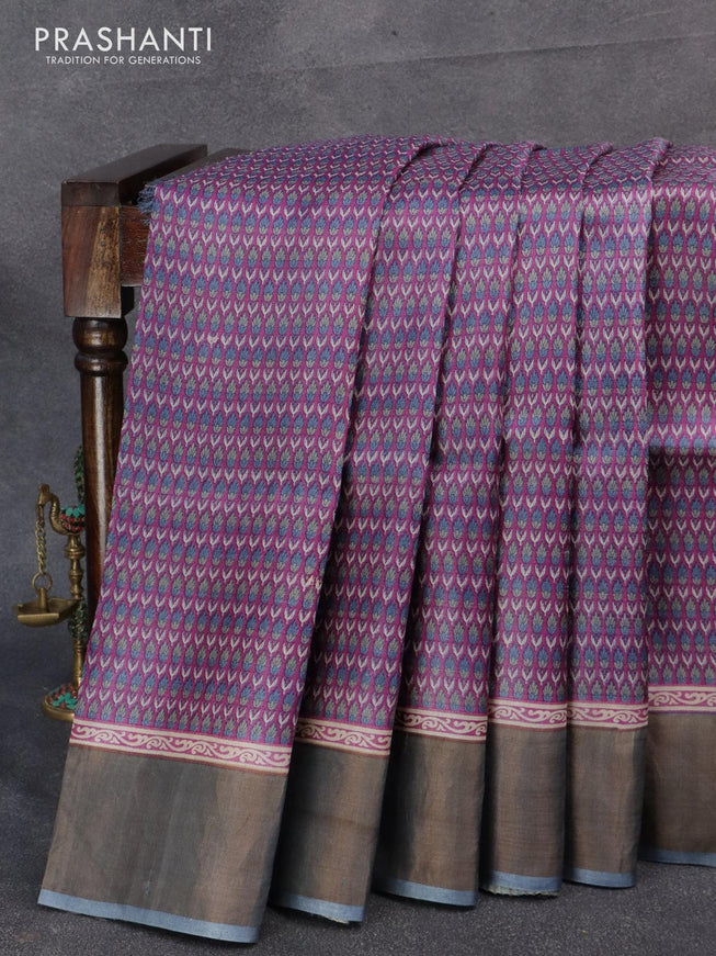 Pure tussar silk saree purple and grey shade with allover floral prints and zari woven border - {{ collection.title }} by Prashanti Sarees