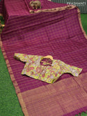 Pure tussar silk saree purple and light green with allover zari checked pattern and zari woven border and kalamkari prints embroidery work blouse - {{ collection.title }} by Prashanti Sarees