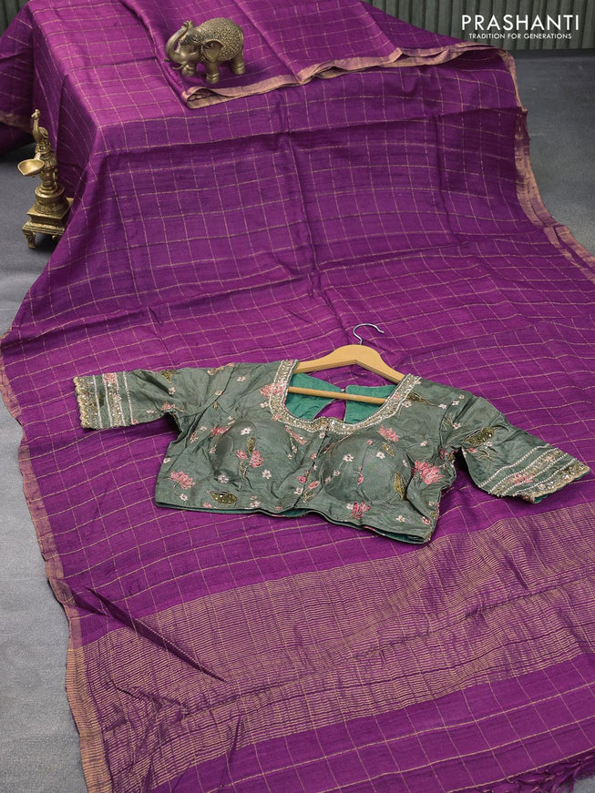 Pure tussar silk saree purple and pastel green with allover zari checked pattern & zari woven border and pen kalamkari embroidery work readymade blouse - {{ collection.title }} by Prashanti Sarees