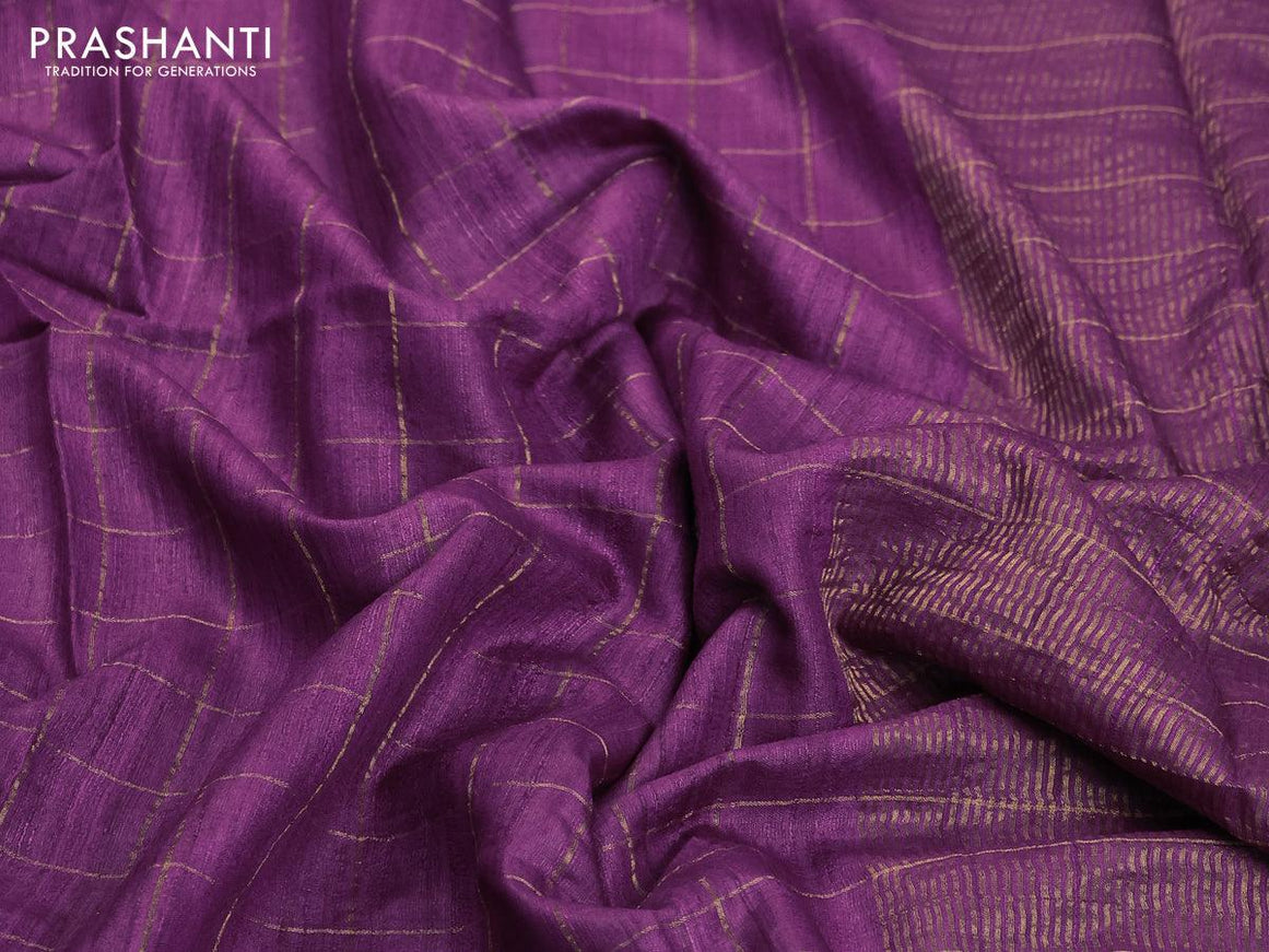 Pure tussar silk saree purple and pastel green with allover zari checked pattern & zari woven border and pen kalamkari embroidery work readymade blouse - {{ collection.title }} by Prashanti Sarees