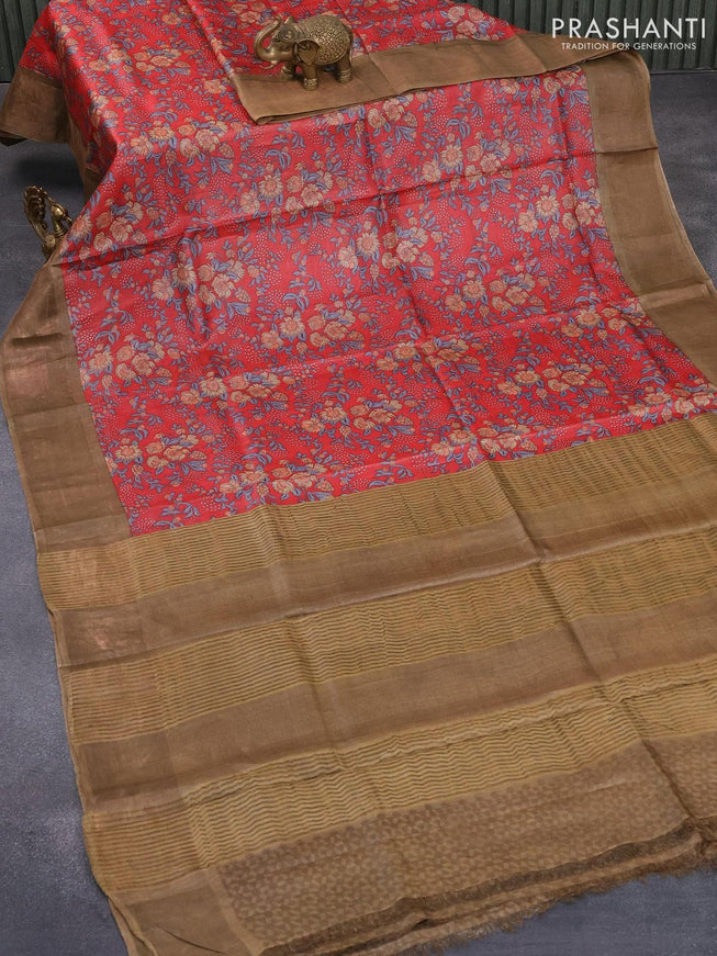 Pure tussar silk saree red and beige with allover floral prints and zari woven border - {{ collection.title }} by Prashanti Sarees