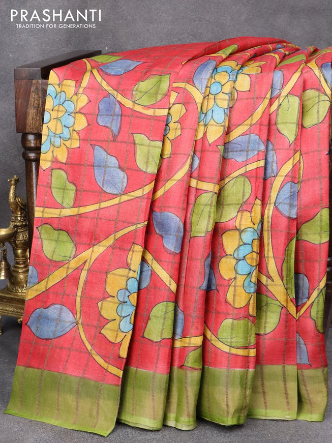 Pure tussar silk saree red and green with allover zari checks & kalamkari prints and zari woven border - {{ collection.title }} by Prashanti Sarees
