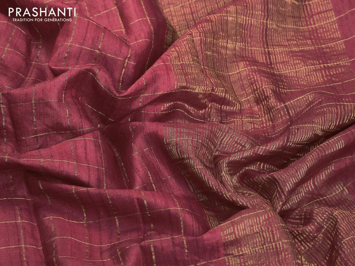 Pure tussar silk saree red and maroon with allover zari checked pattern & zari woven border and pen kalamkari embroidery work readymade blouse - {{ collection.title }} by Prashanti Sarees