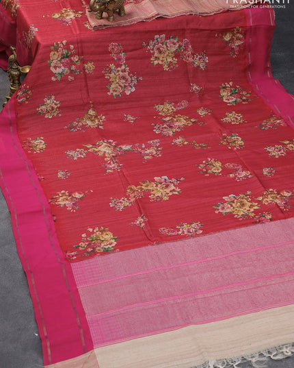 Pure tussar silk saree red and pink with allover floral prints and temple design zari woven border - {{ collection.title }} by Prashanti Sarees