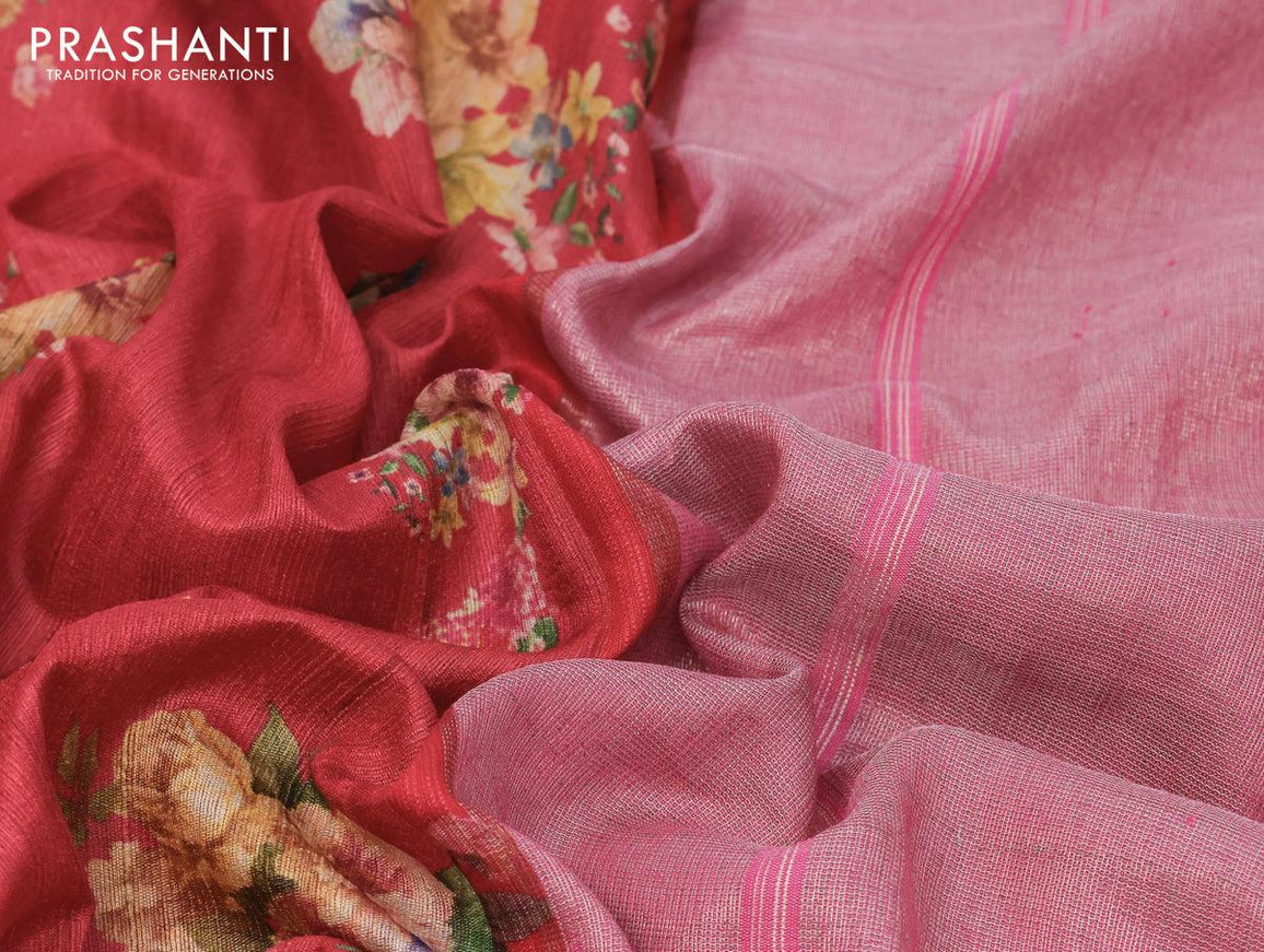 Pure tussar silk saree red and pink with allover floral prints and temple design zari woven border - {{ collection.title }} by Prashanti Sarees
